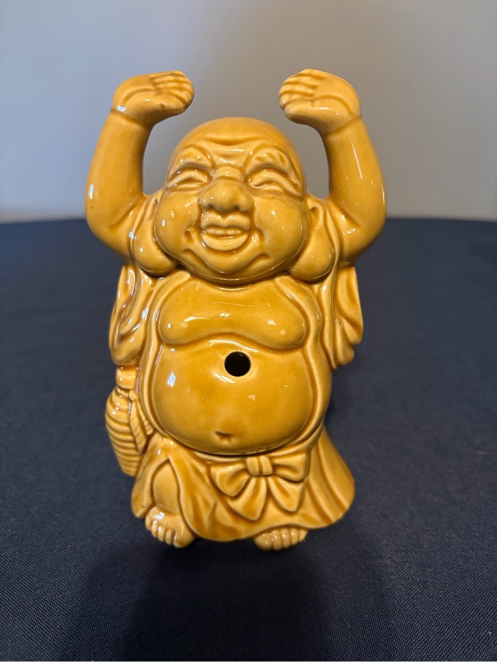 Vintage Japan Ceramic Laughing Buddha Arms Up Tiki Mug Planter Incense Tan.